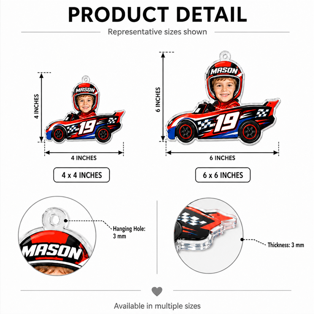 Personalized Race Car Christmas Ornament, Custom Photo Name & Number Keepsake Christmas Gift, Acrylic Xmas Tree Decoration