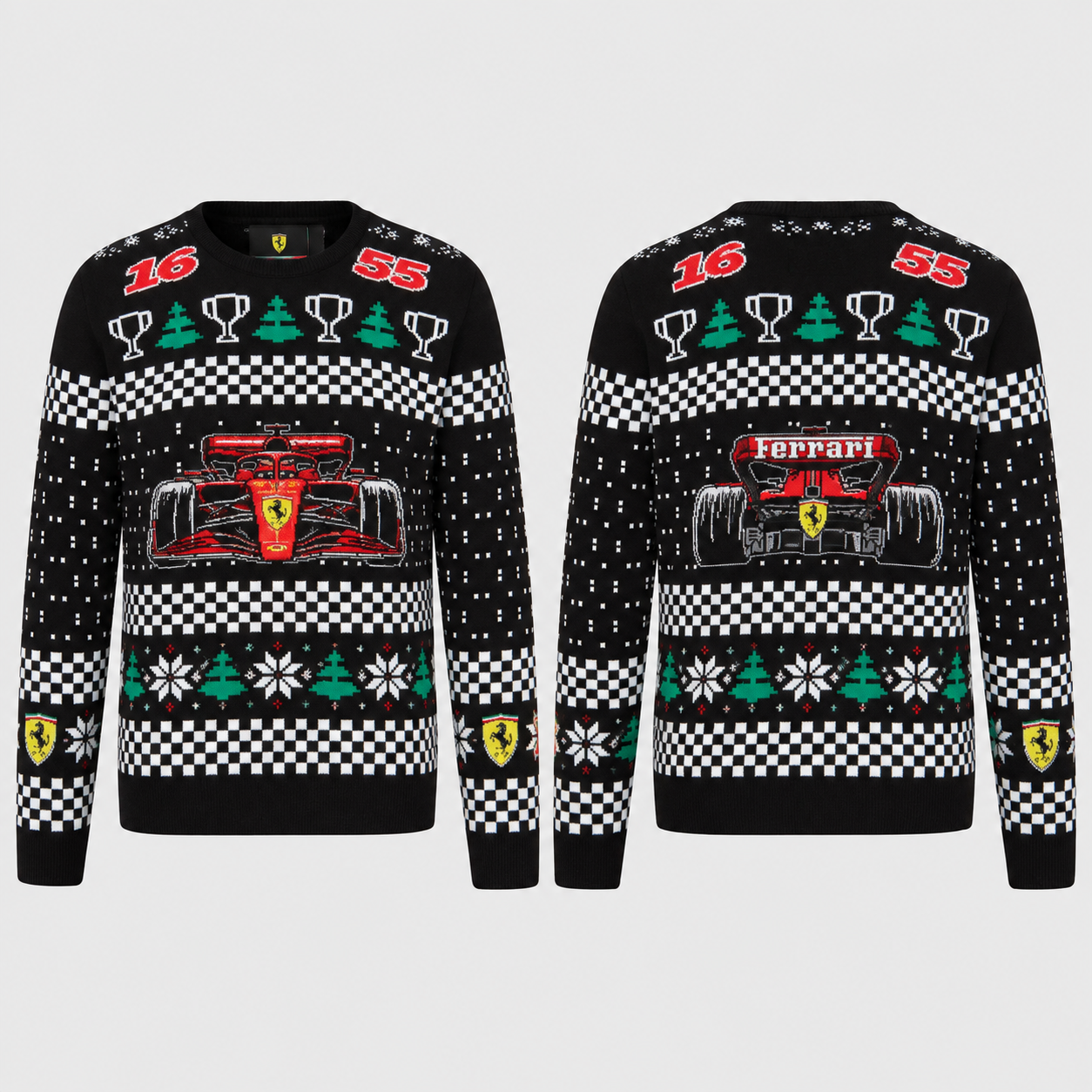 F1 Team Ugly Christmas Knit Jumper, Festive Motorsport Holiday Sweater with F1 Race Car, Checkered Flag, Snowflake & Christmas Tree Jacquard Pattern, Gift for F1 Racing Fans