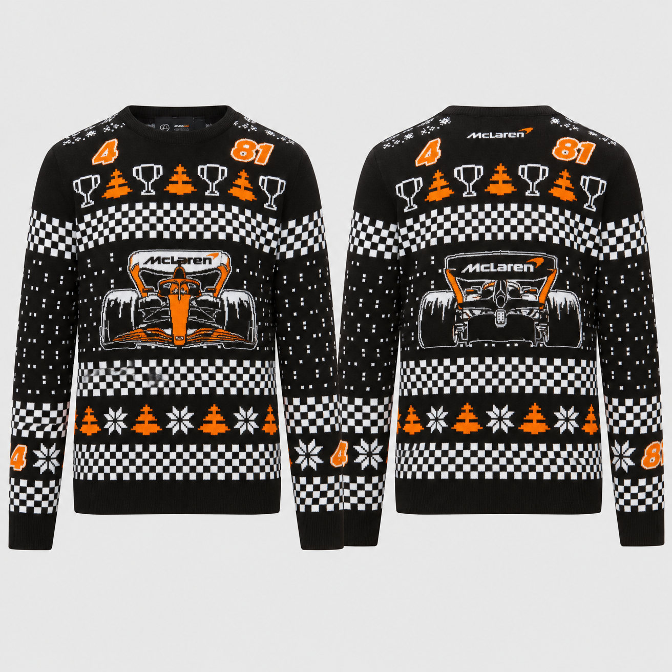 F1 Team Ugly Christmas Knit Jumper, Festive Motorsport Holiday Sweater with F1 Race Car, Checkered Flag, Snowflake & Christmas Tree Jacquard Pattern, Gift for F1 Racing Fans
