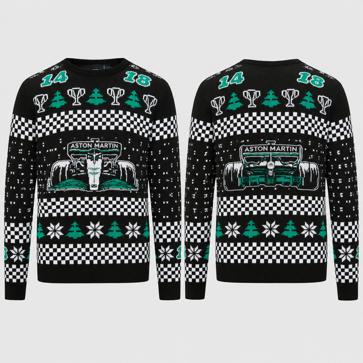 F1 Team Ugly Christmas Knit Jumper, Festive Motorsport Holiday Sweater with F1 Race Car, Checkered Flag, Snowflake & Christmas Tree Jacquard Pattern, Gift for F1 Racing Fans