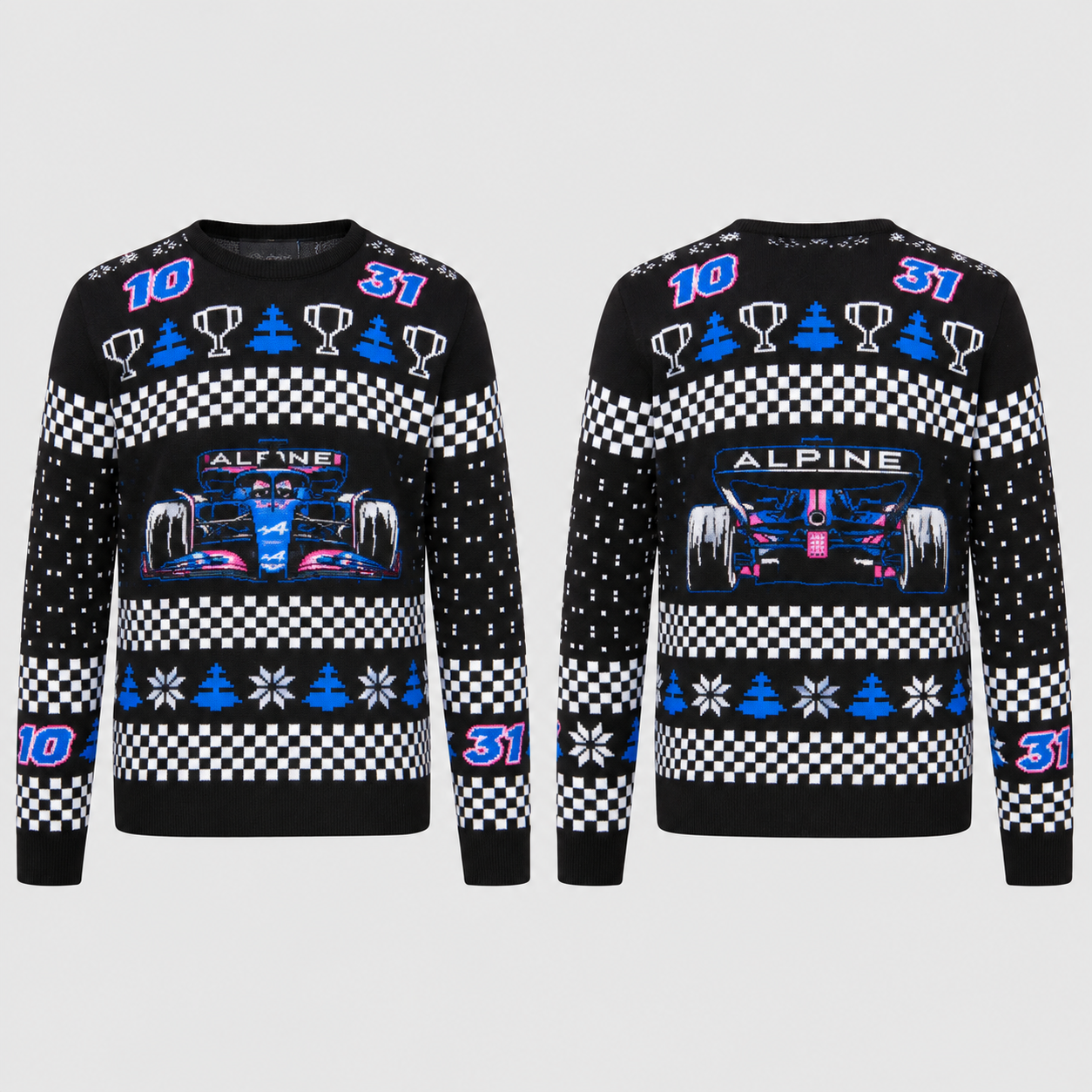 F1 Team Ugly Christmas Knit Jumper, Festive Motorsport Holiday Sweater with F1 Race Car, Checkered Flag, Snowflake & Christmas Tree Jacquard Pattern, Gift for F1 Racing Fans