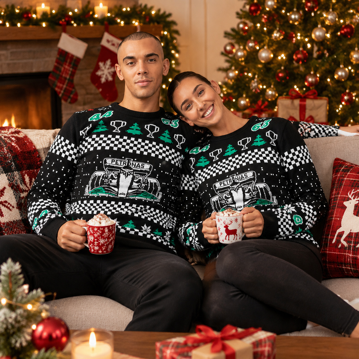 F1 Team Ugly Christmas Knit Jumper, Festive Motorsport Holiday Sweater with F1 Race Car, Checkered Flag, Snowflake & Christmas Tree Jacquard Pattern, Gift for F1 Racing Fans