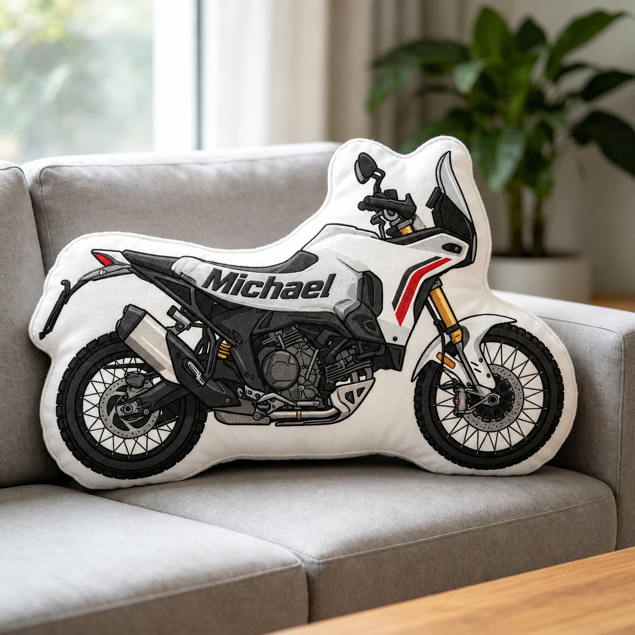 Off-Road Enduro ADV Motorcycle Custom Shaped Throw Pillow, High Definition Print Plush Cushion, Collectible Gift for Motorcycle Enthusiasts