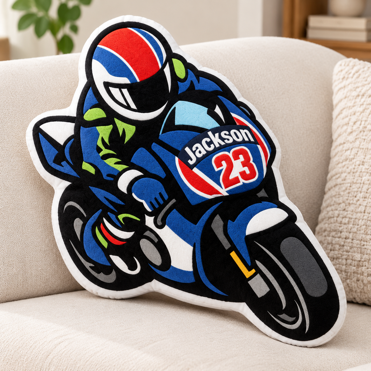 Personalized Motorbike Rider Plush Cushion, Biker Gift, Racing Shape Throw Pillow, Motorbike Lover Home Decor