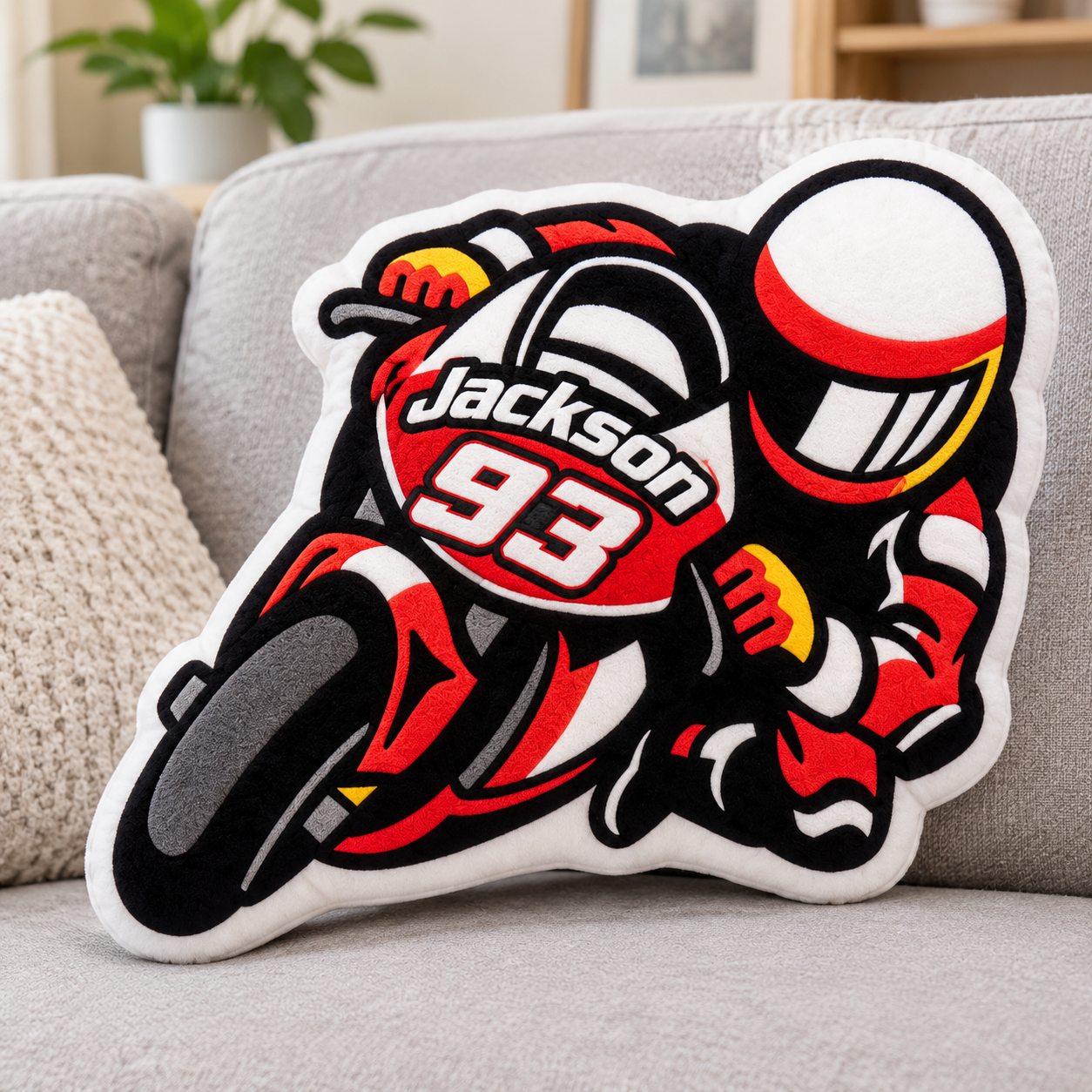 Personalized Motorbike Rider Plush Cushion, Biker Gift, Racing Shape Throw Pillow, Motorbike Lover Home Decor