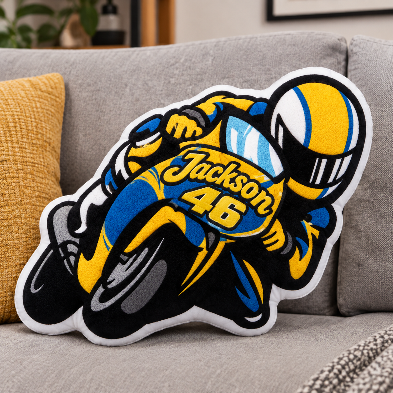 Personalized Motorbike Rider Plush Cushion, Biker Gift, Racing Shape Throw Pillow, Motorbike Lover Home Decor