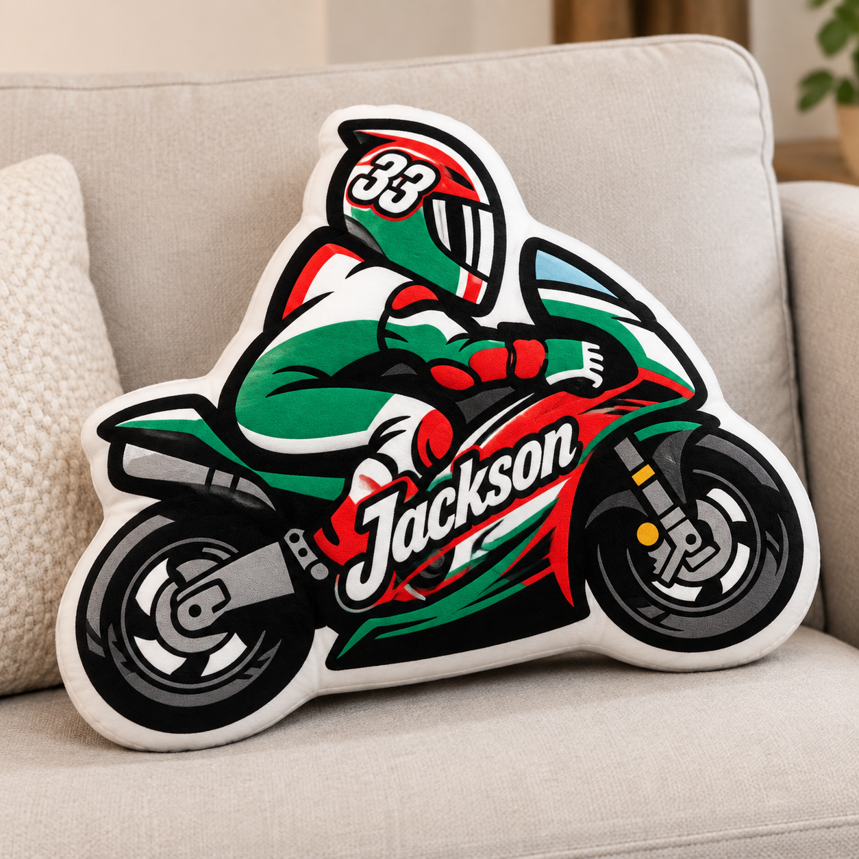 Personalized Motorbike Rider Plush Cushion, Biker Gift, Racing Shape Throw Pillow, Motorbike Lover Home Decor