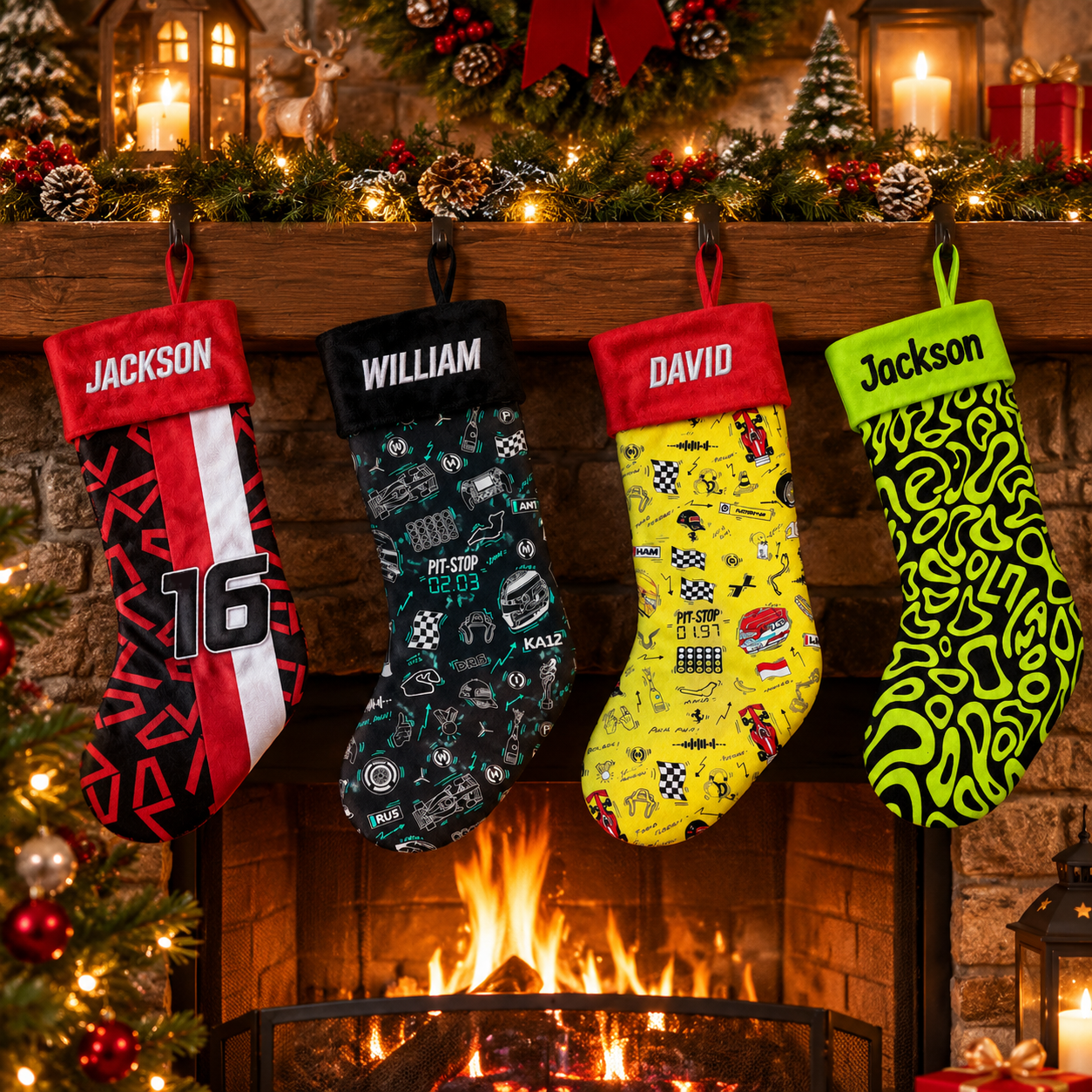 Personalized F1 Racing Christmas Stocking, Custom Name Race Car Xmas Stocking, Formula 1 Themed Holiday Sock