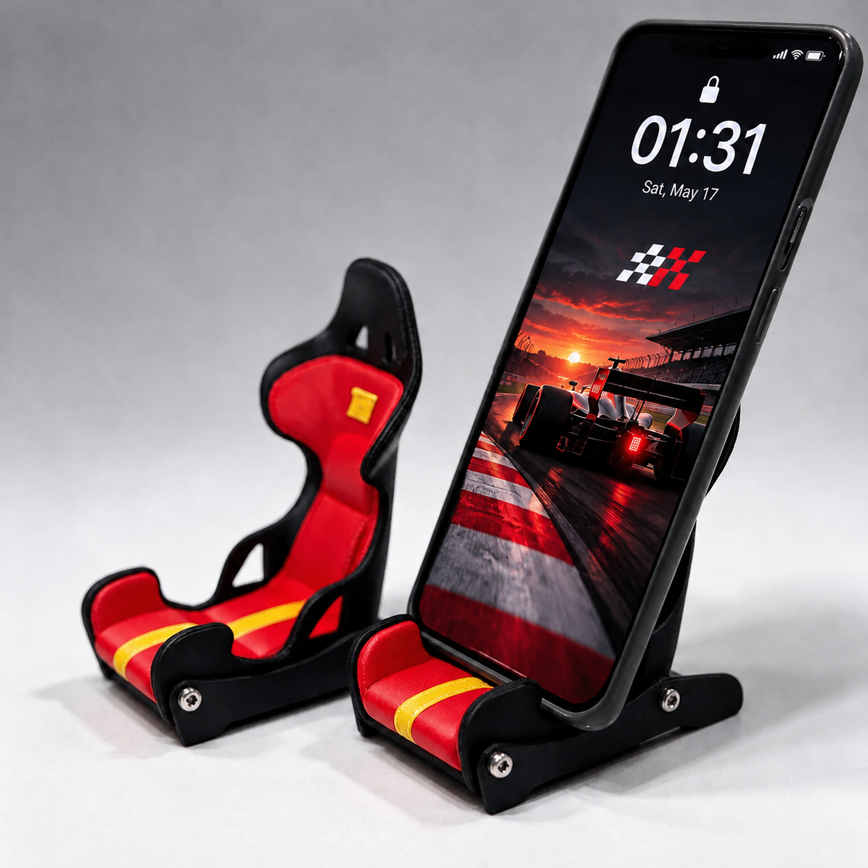 Racing Bucket Seat Phone Stand, 3D‑Printed Grand Prix racing Driver Desk Phone Holder, Gift for racing Fans