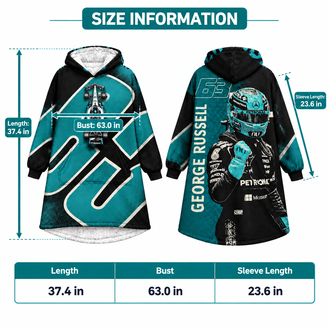 Russell hooded robe, soft fleece sherpa lined long loungewear Cool all-over racing print, Unisex loose fit, Racing fan gift.