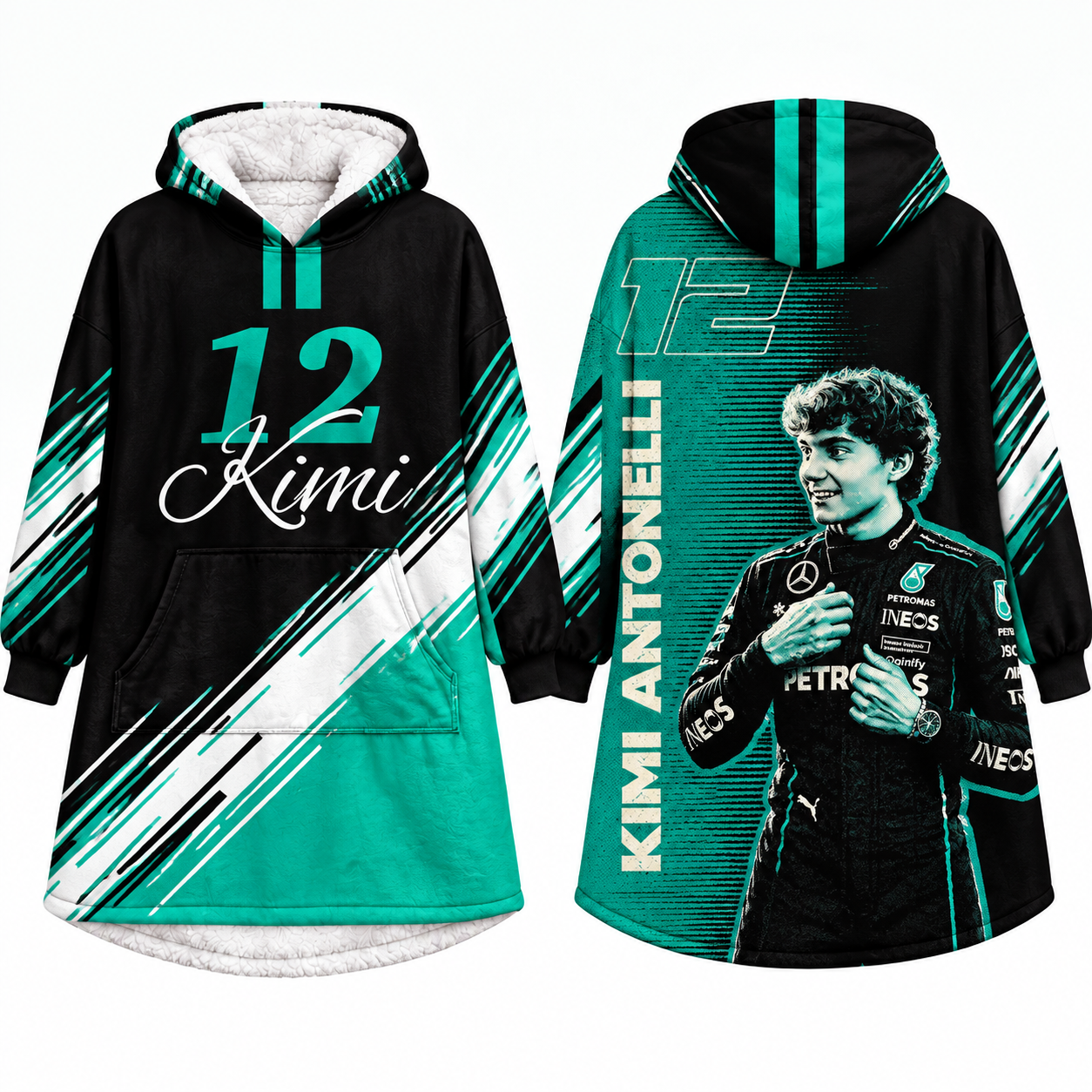 Grand Prix AMG Team Hooded Robe, Soft Plush Lined Long Loungewear, All‑Over Racing Print, Unisex Loose Fit, #63 #12 Fan Gift