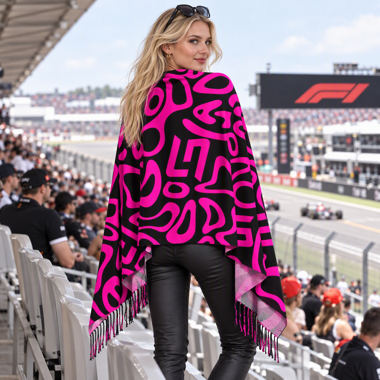 Grand Prix Racing Fan Abstract Print Poncho Shawl, 3‑Color Tassel Scarf Bundle