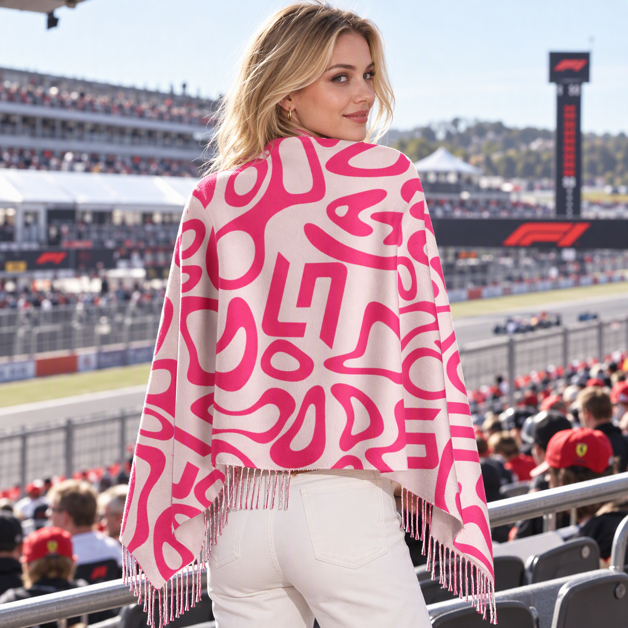 Grand Prix Racing Fan Abstract Print Poncho Shawl, 3‑Color Tassel Scarf Bundle