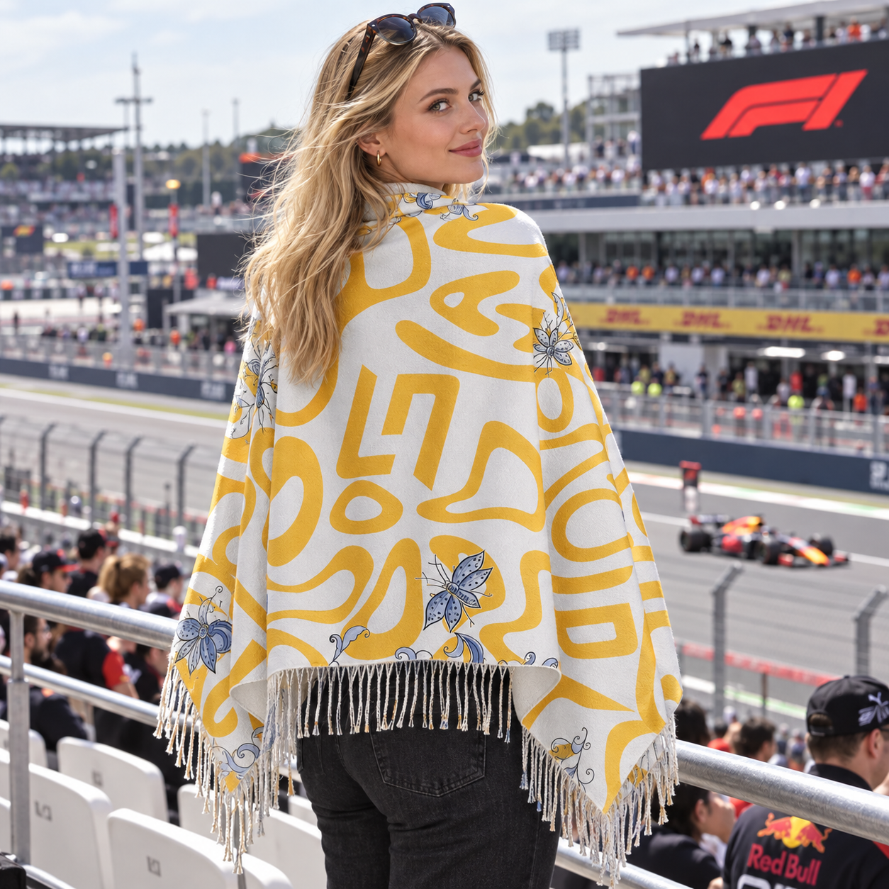 Lando‑Inspired Beige Abstract Fringed Poncho Shawl Grand Prix Fan Wrap