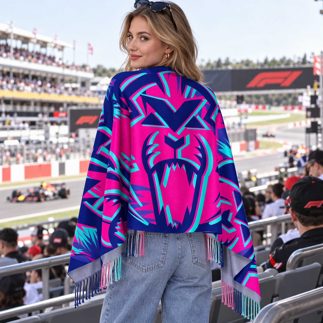 Max‑Inspired Beast Graphic Fringed Fan Scarf Grand Prix Racing Wrap Max Verstappen Supporter Poncho With Tassels