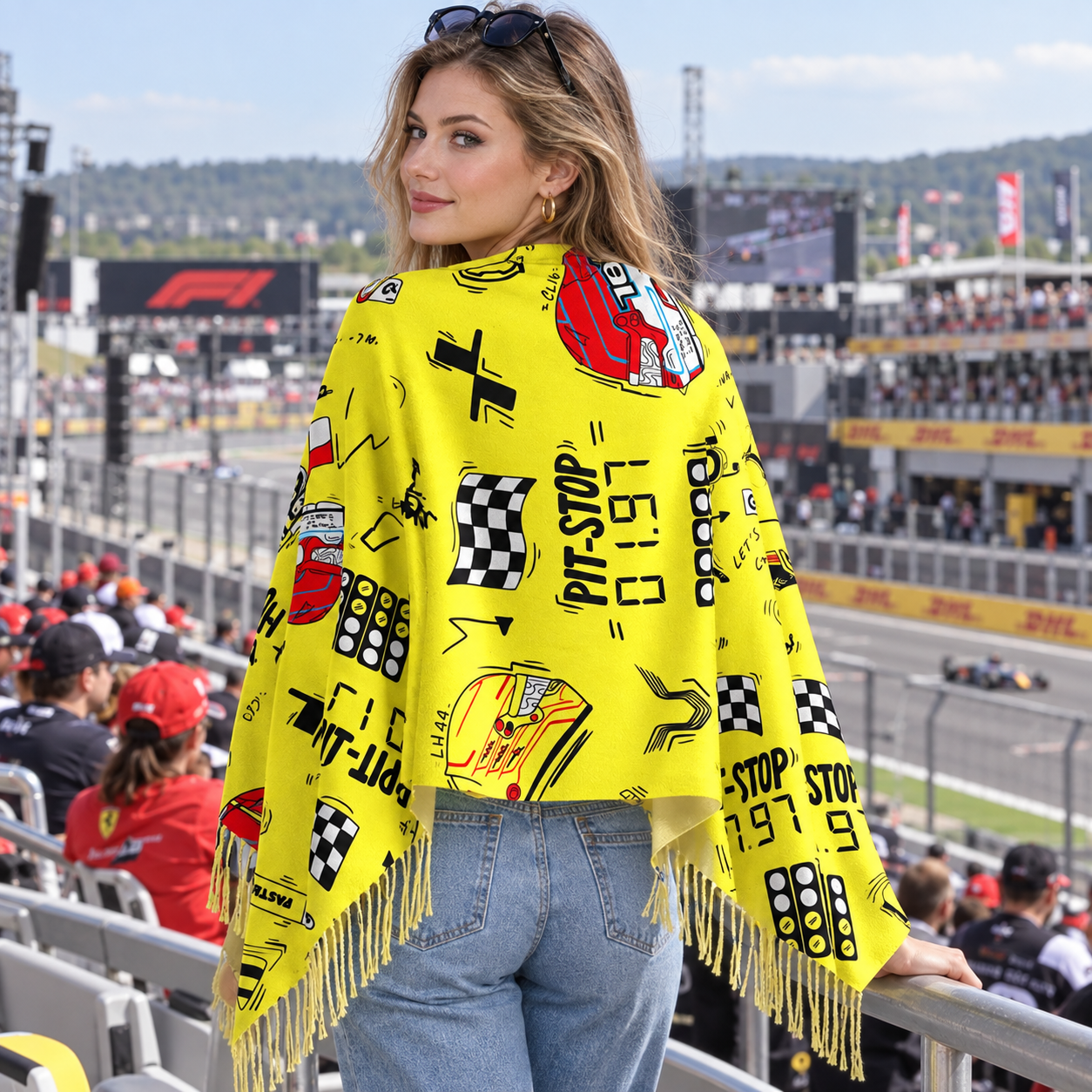 Racing Fan Fringed Scarf Bundle, Doodle‑Graphic Shawl for Race Supporters