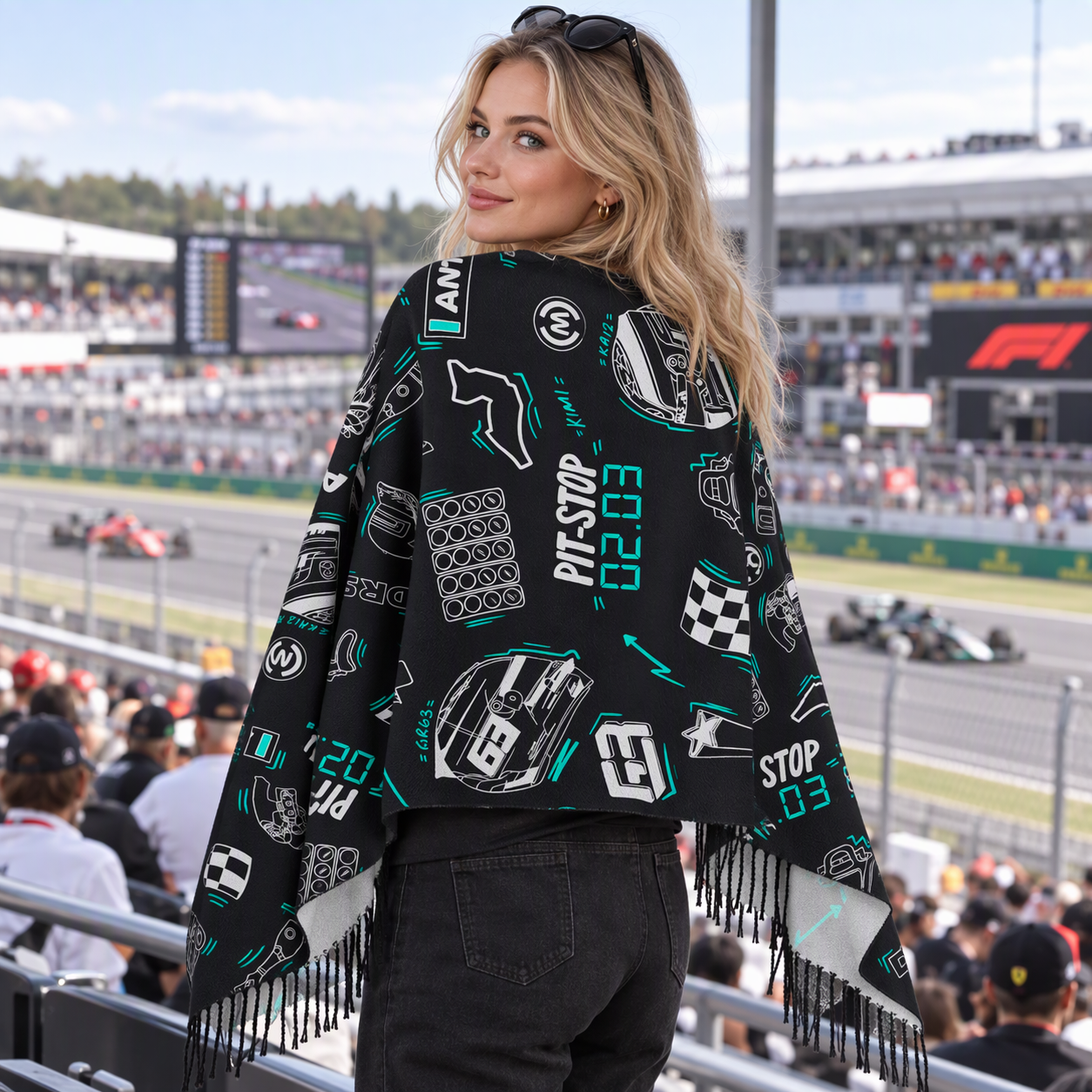 Racing Fan Fringed Scarf Bundle, Doodle‑Graphic Shawl for Race Supporters