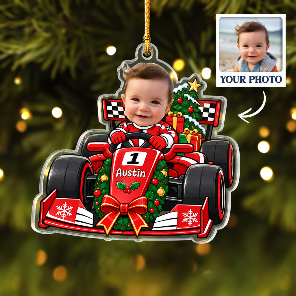 Personalized Name Kart Racing Boy Christmas Ornament, Custom Face Photo Christmas Tree Ornament Gift