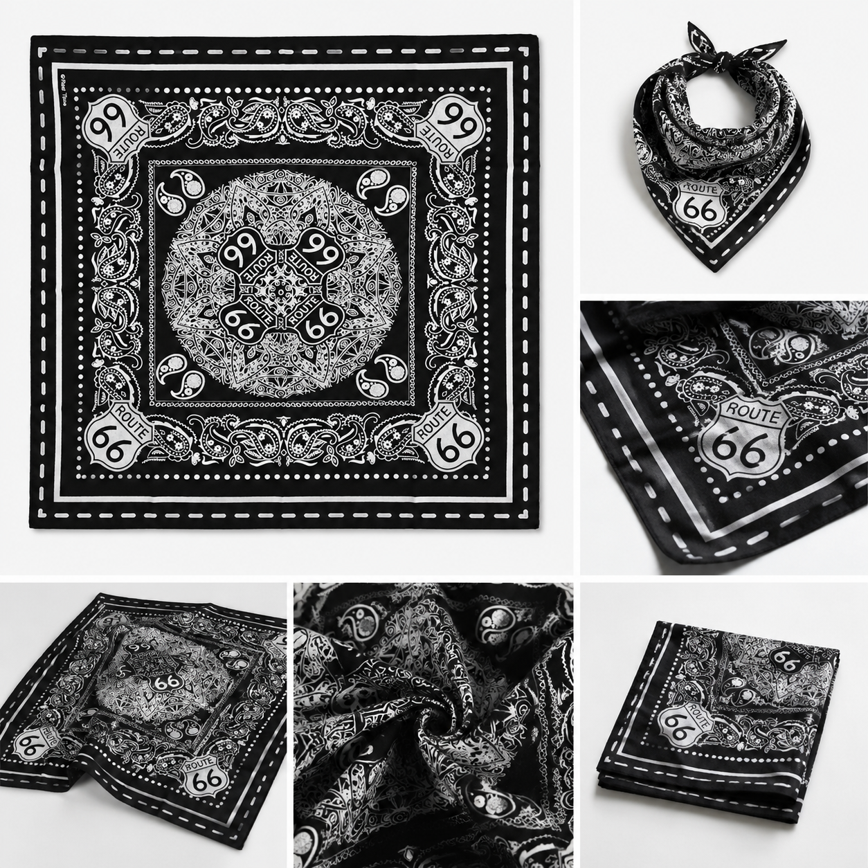 Black White Paisley Route 66 Bandana 100% Cotton Motorcycle Biker Neck Scarf Head Wrap