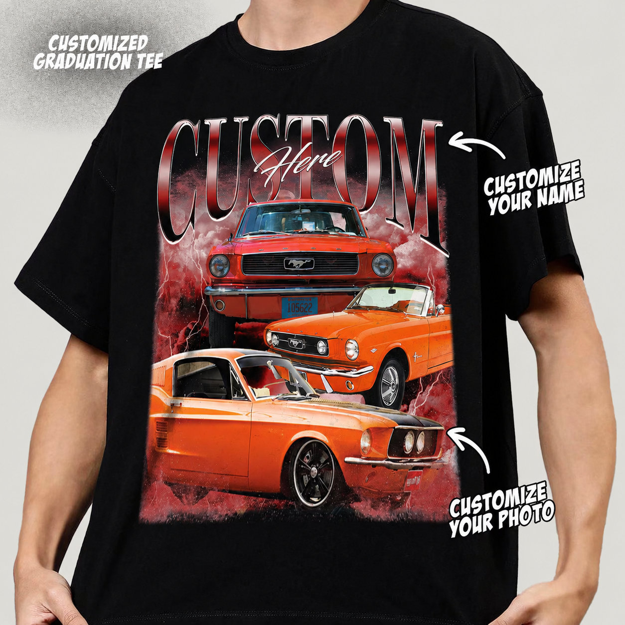 Personalized Vintage Ford Mustang Custom Photo Classic Car Graphic Washed T-Shirt