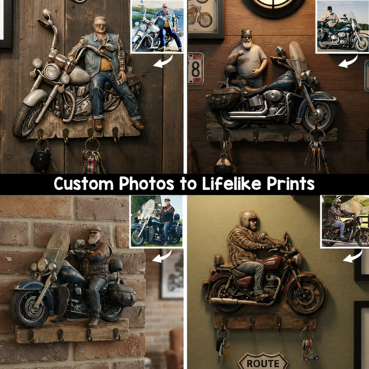 Personalized Photo Biker Wooden Key Holder, Custom Motorcycle Rider Wall Key Hook, Custom Photo Wall Decor, Unique Gift For Biker