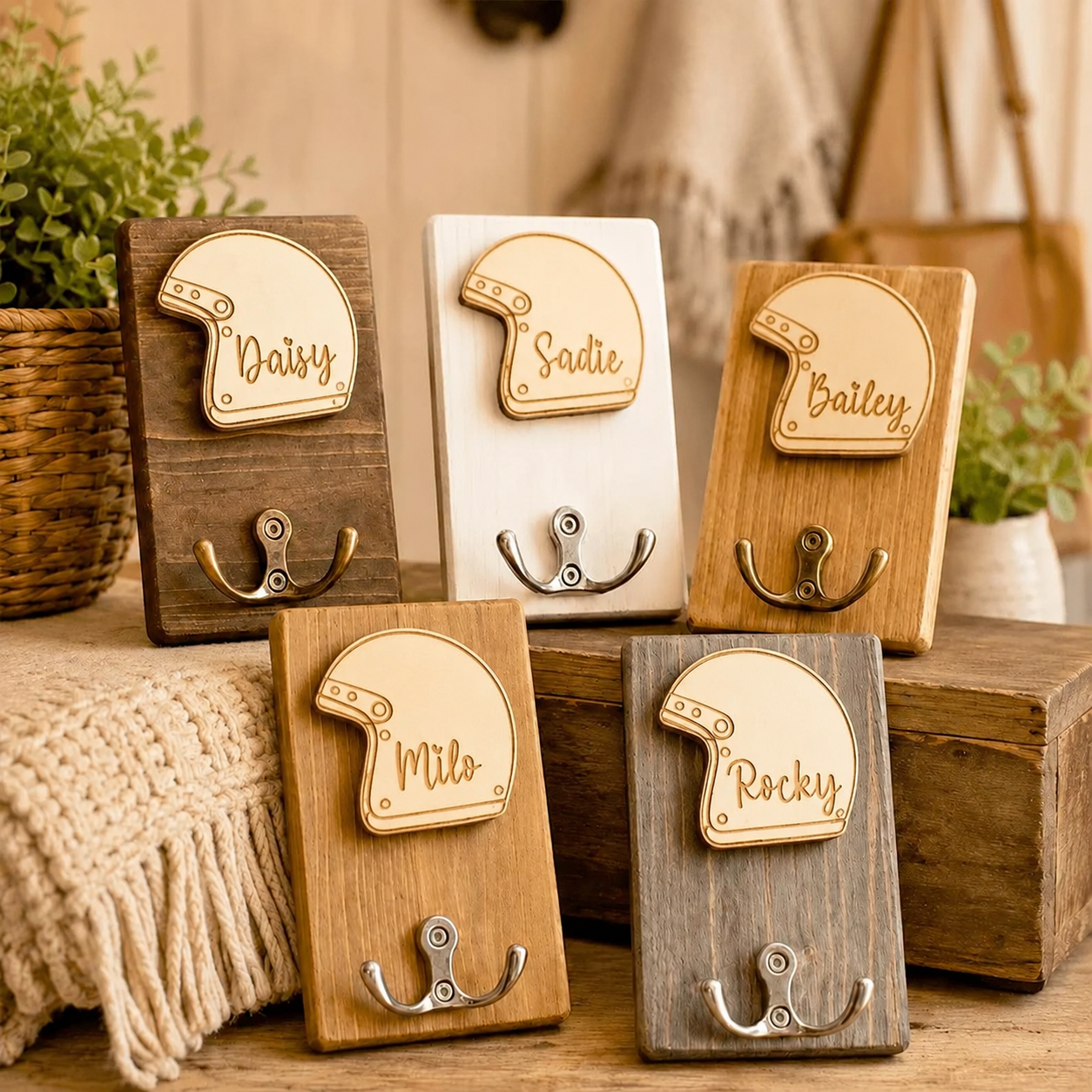 Personalized Motorcycle Helmet Wooden Key Hook, Custom Name Wall Mount Key Holder for Riders