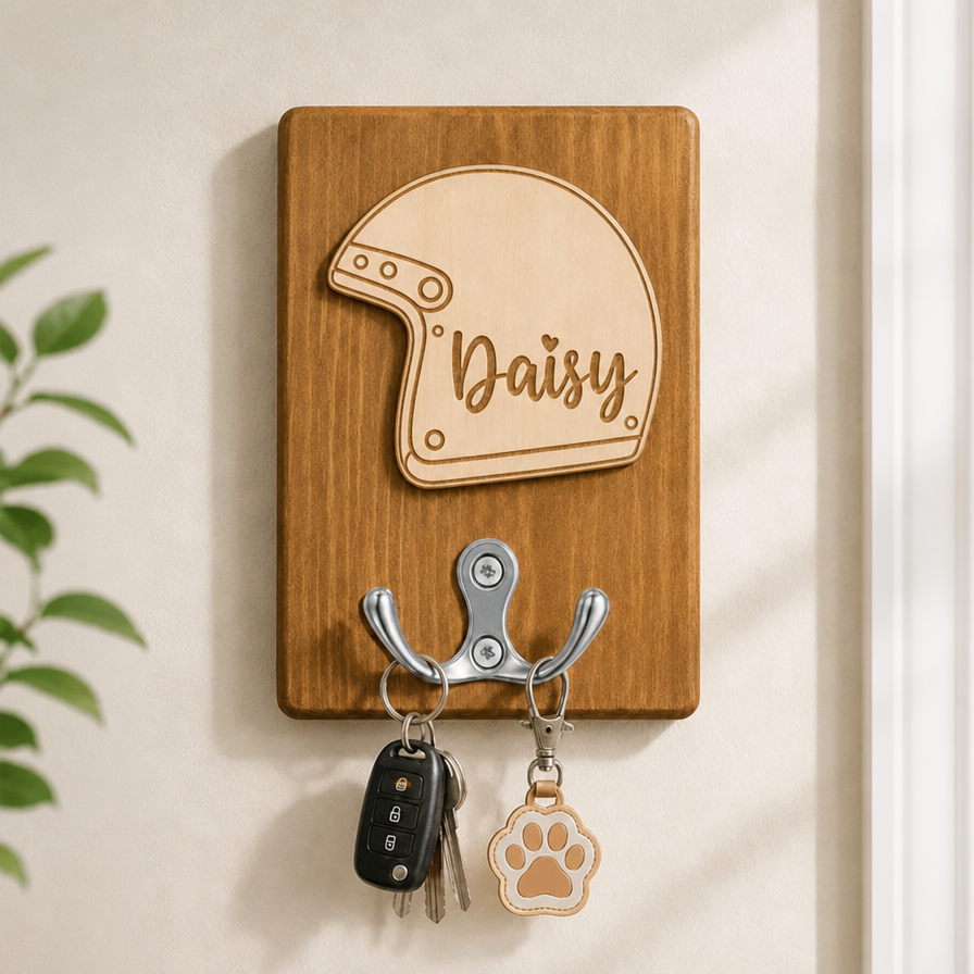 Personalized Motorcycle Helmet Wooden Key Hook, Custom Name Wall Mount Key Holder for Riders