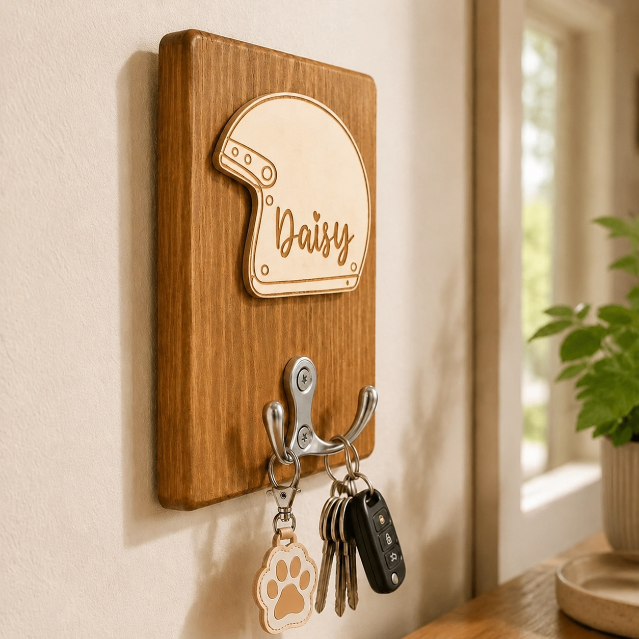 Personalized Motorcycle Helmet Wooden Key Hook, Custom Name Wall Mount Key Holder for Riders