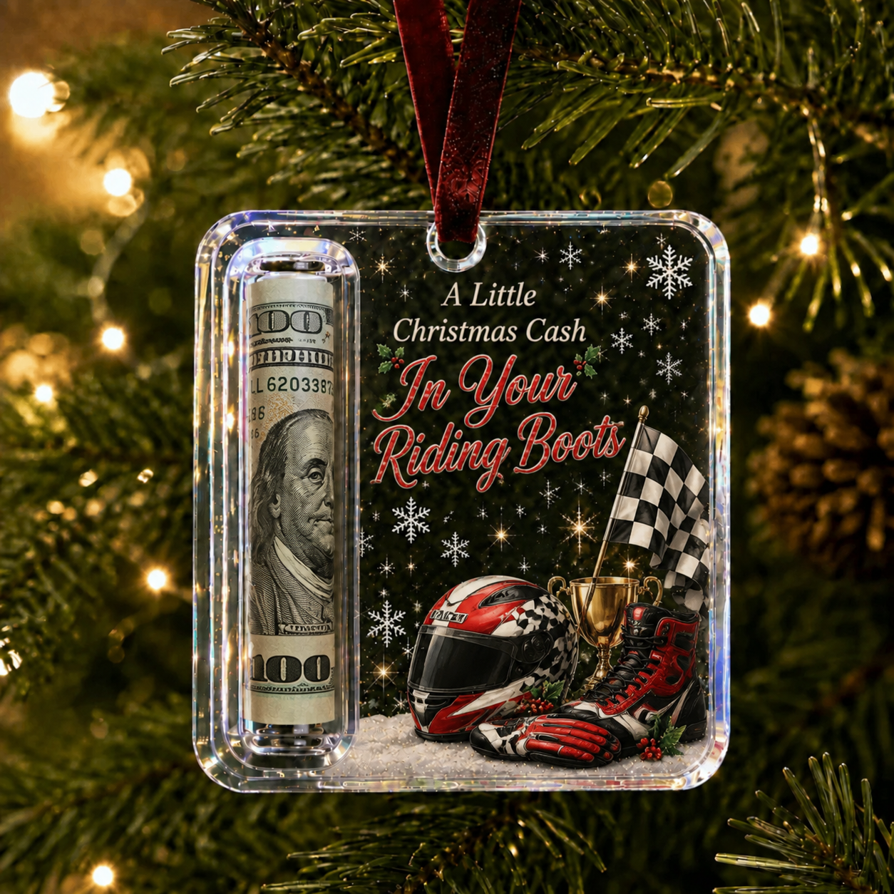 Personalized Custom Text Retro Red Truck Christmas Cash Ornament, Customizable Acrylic Bill Holder Ornament, Custom Christmas Keepsake Gift, Christmas Tree Hanging Decoration