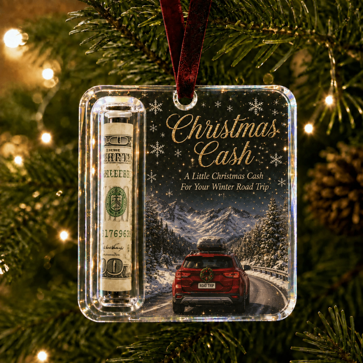 Personalized Custom Text Retro Red Truck Christmas Cash Ornament, Customizable Acrylic Bill Holder Ornament, Custom Christmas Keepsake Gift, Christmas Tree Hanging Decoration
