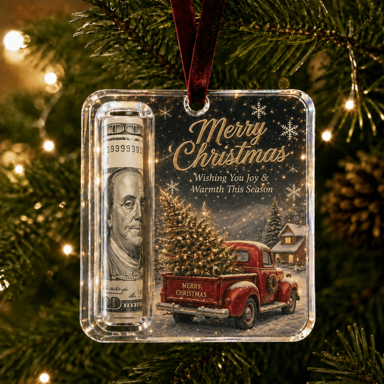 Personalized Custom Text Retro Red Truck Christmas Cash Ornament, Customizable Acrylic Bill Holder Ornament, Custom Christmas Keepsake Gift, Christmas Tree Hanging Decoration