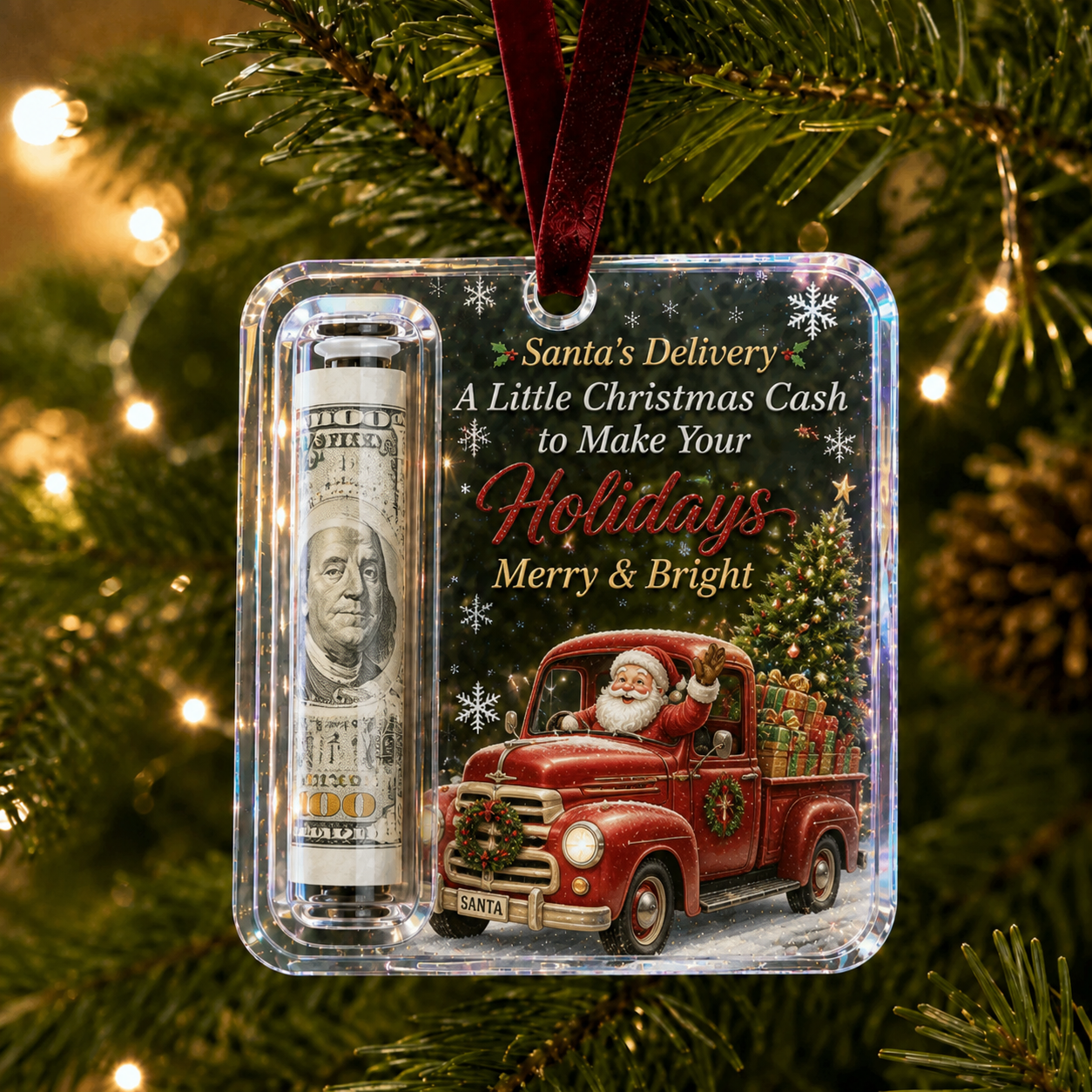 Personalized Custom Text Retro Red Truck Christmas Cash Ornament, Customizable Acrylic Bill Holder Ornament, Custom Christmas Keepsake Gift, Christmas Tree Hanging Decoration