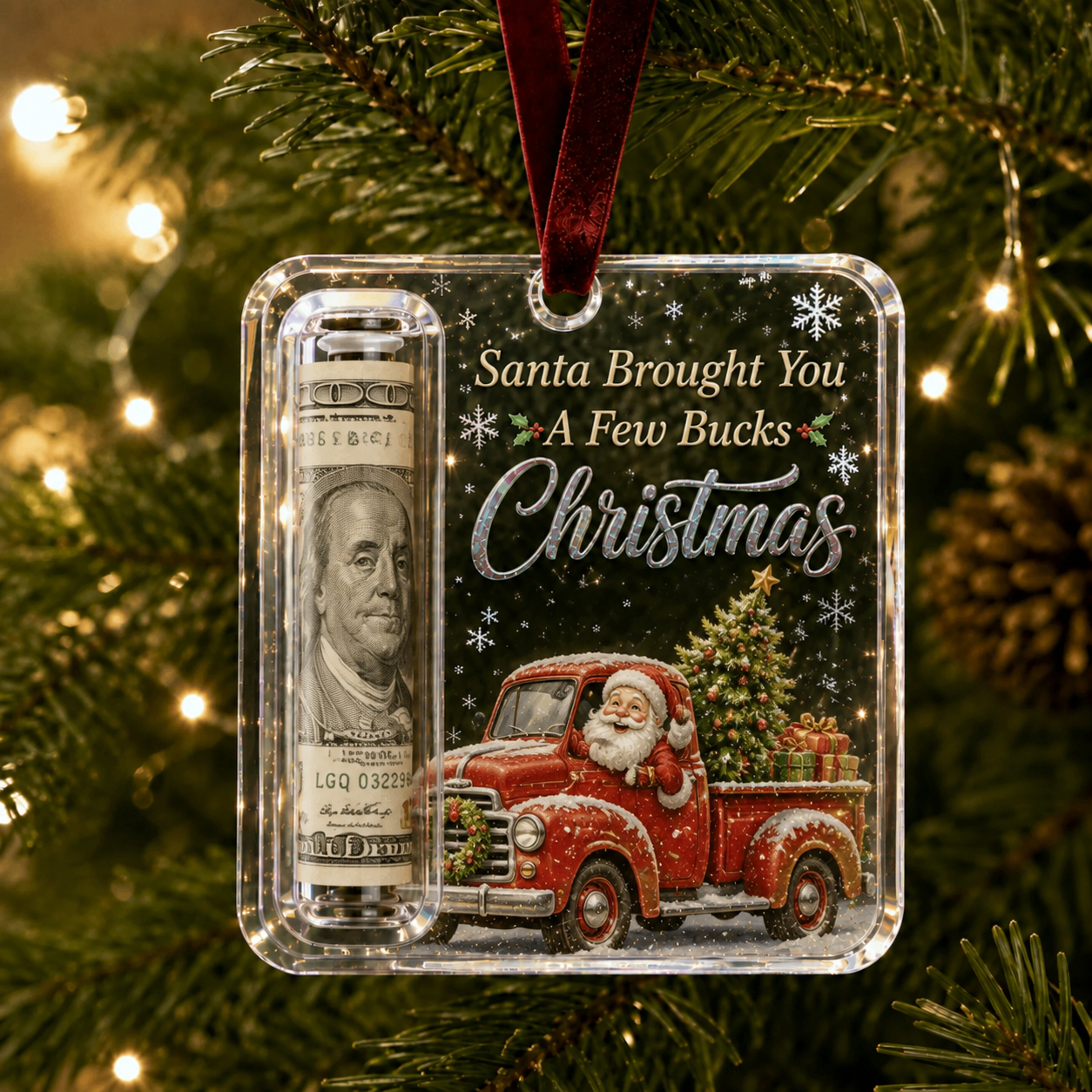 Personalized Custom Text Retro Red Truck Christmas Cash Ornament, Customizable Acrylic Bill Holder Ornament, Custom Christmas Keepsake Gift, Christmas Tree Hanging Decoration