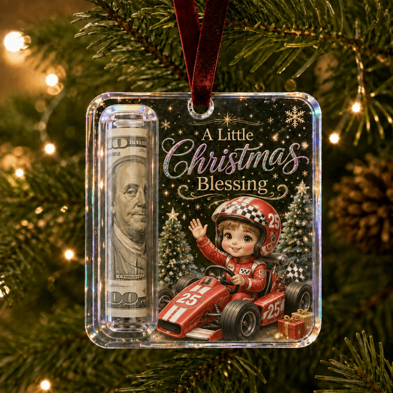 Personalized Custom Text Retro Red Truck Christmas Cash Ornament, Customizable Acrylic Bill Holder Ornament, Custom Christmas Keepsake Gift, Christmas Tree Hanging Decoration