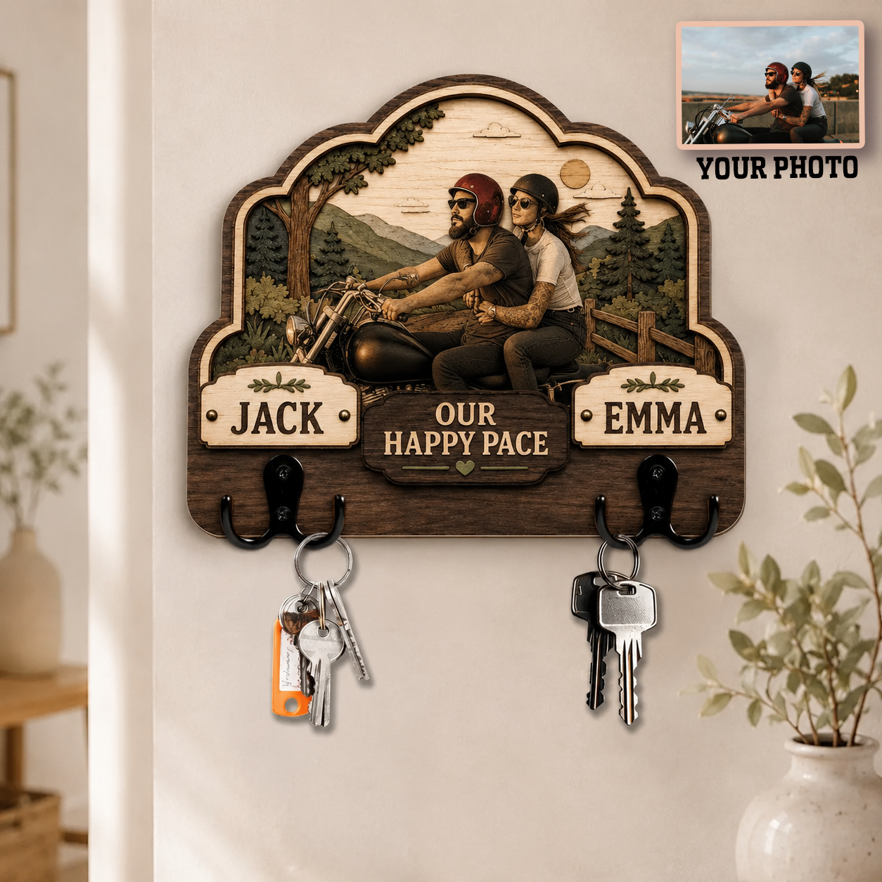 Personalized Couple Photo Key Hanger, Custom Name Wall Key Hook for Entryway