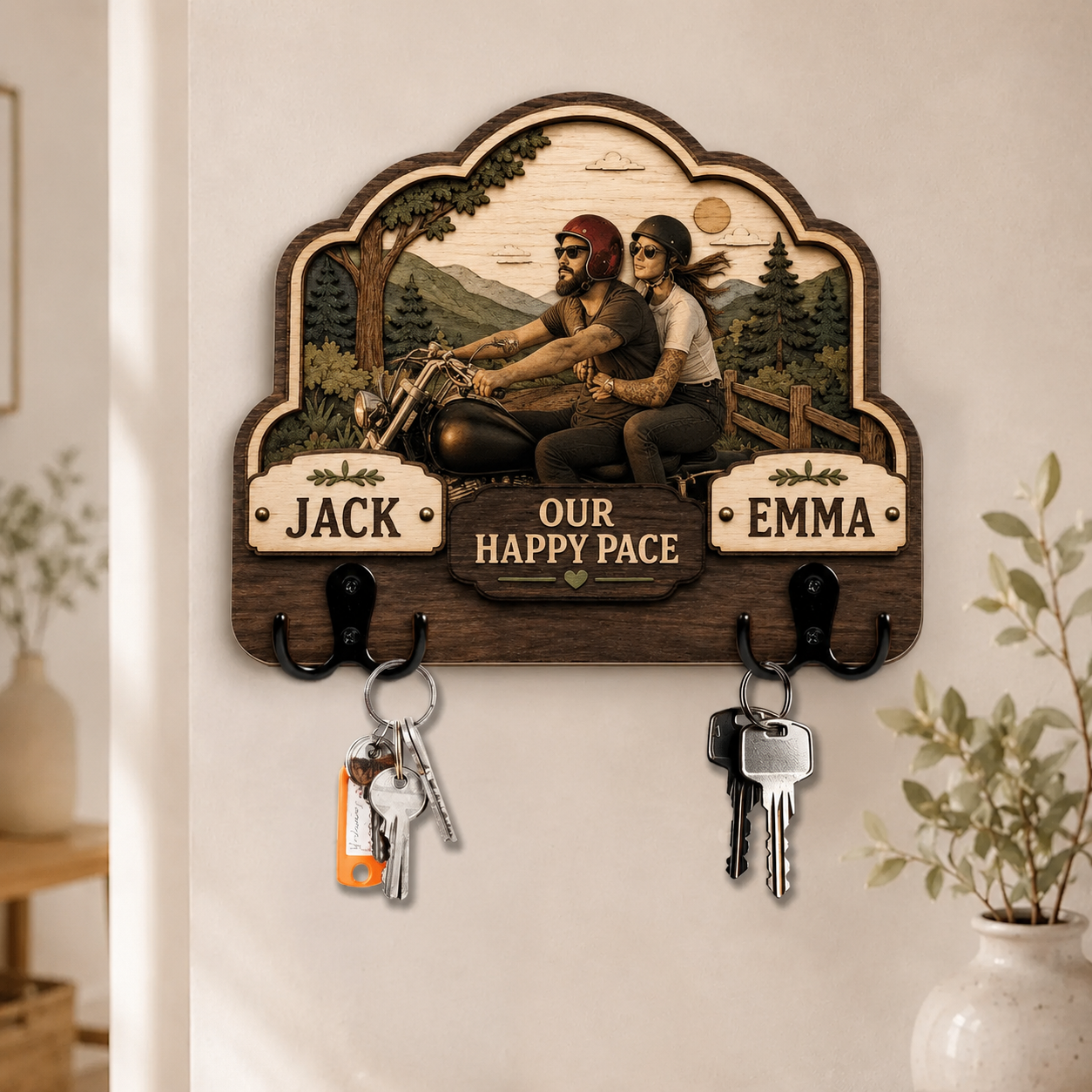 Personalized Couple Photo Key Hanger, Custom Name Wall Key Hook for Entryway