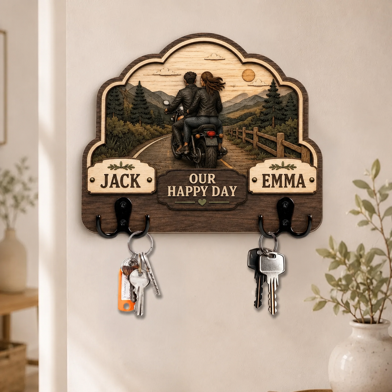 Personalized Couple Photo Key Hanger, Custom Name Wall Key Hook for Entryway