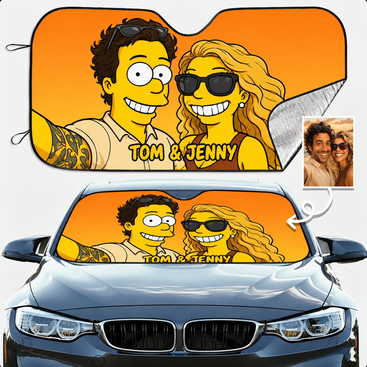 Custom Cartoon Style Car Sun Shade, Personalized Portrait Windshield Sunshade, Yellow Cartoon Character, Custom Car Accessory Gift