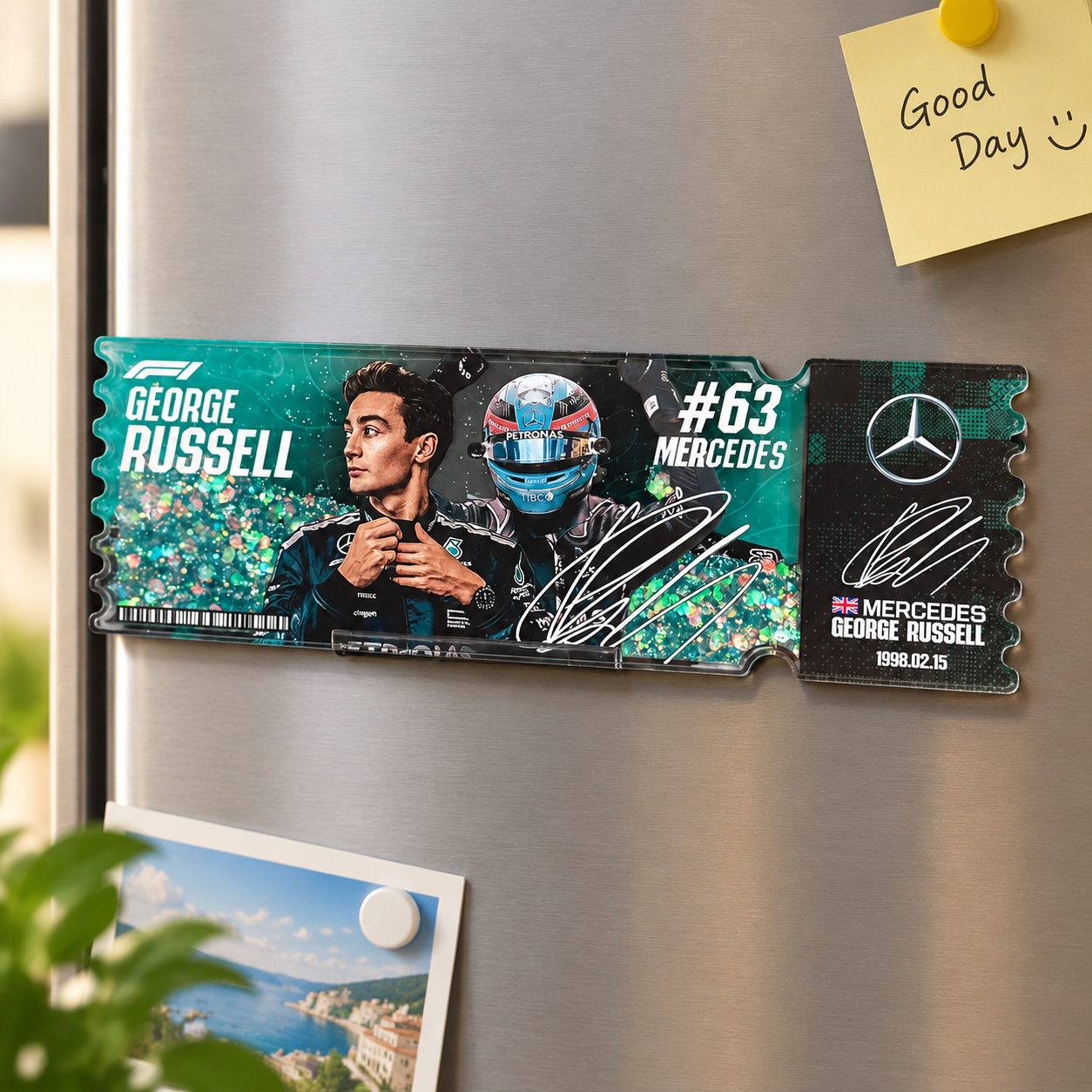 F1 Driver Ticket Style Shaker Fridge Magnet, Formula 1 Racing Liquid Sand Refrigerator Magnet Fan Collectible