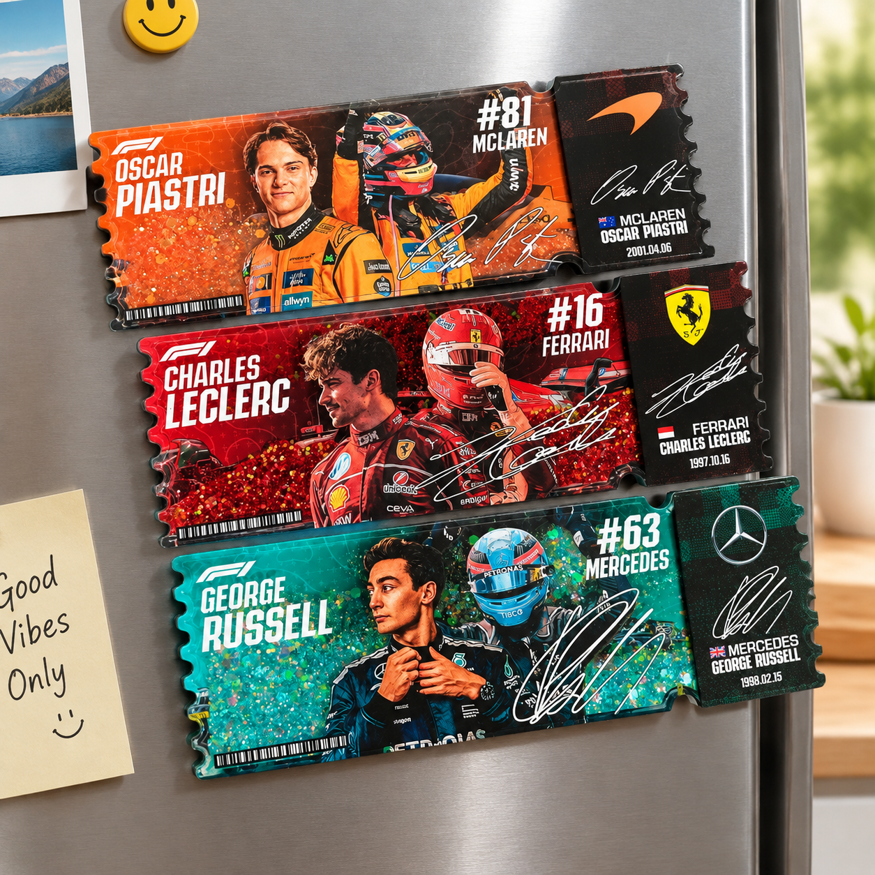 F1 Driver Ticket Style Shaker Fridge Magnet, Formula 1 Racing Liquid Sand Refrigerator Magnet Fan Collectible