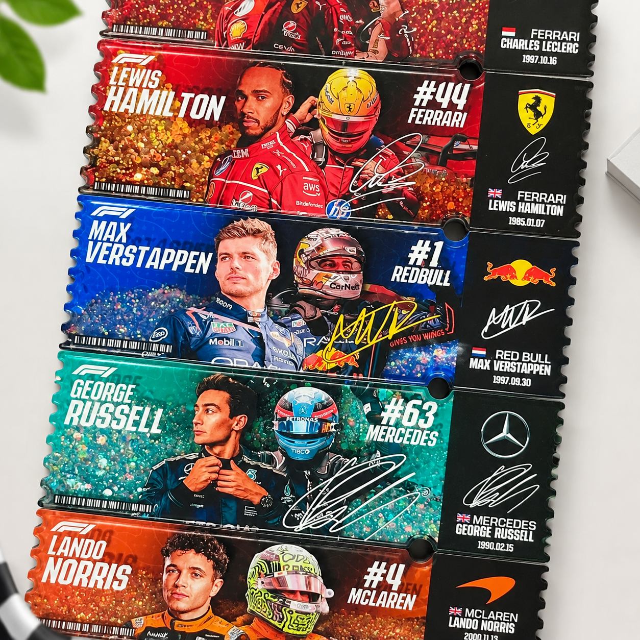 F1 Driver Ticket Style Shaker Fridge Magnet, Formula 1 Racing Liquid Sand Refrigerator Magnet Fan Collectible