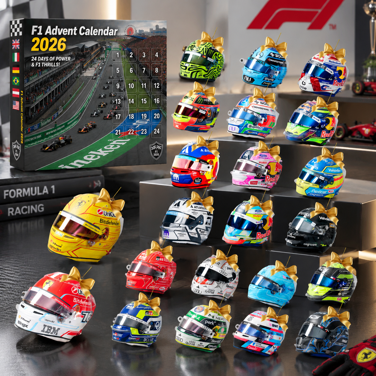 2026 Racing Helmet Advent Calendar, 24 Day Motorsport Christmas Countdown, Race Car Fan Ornament Gift