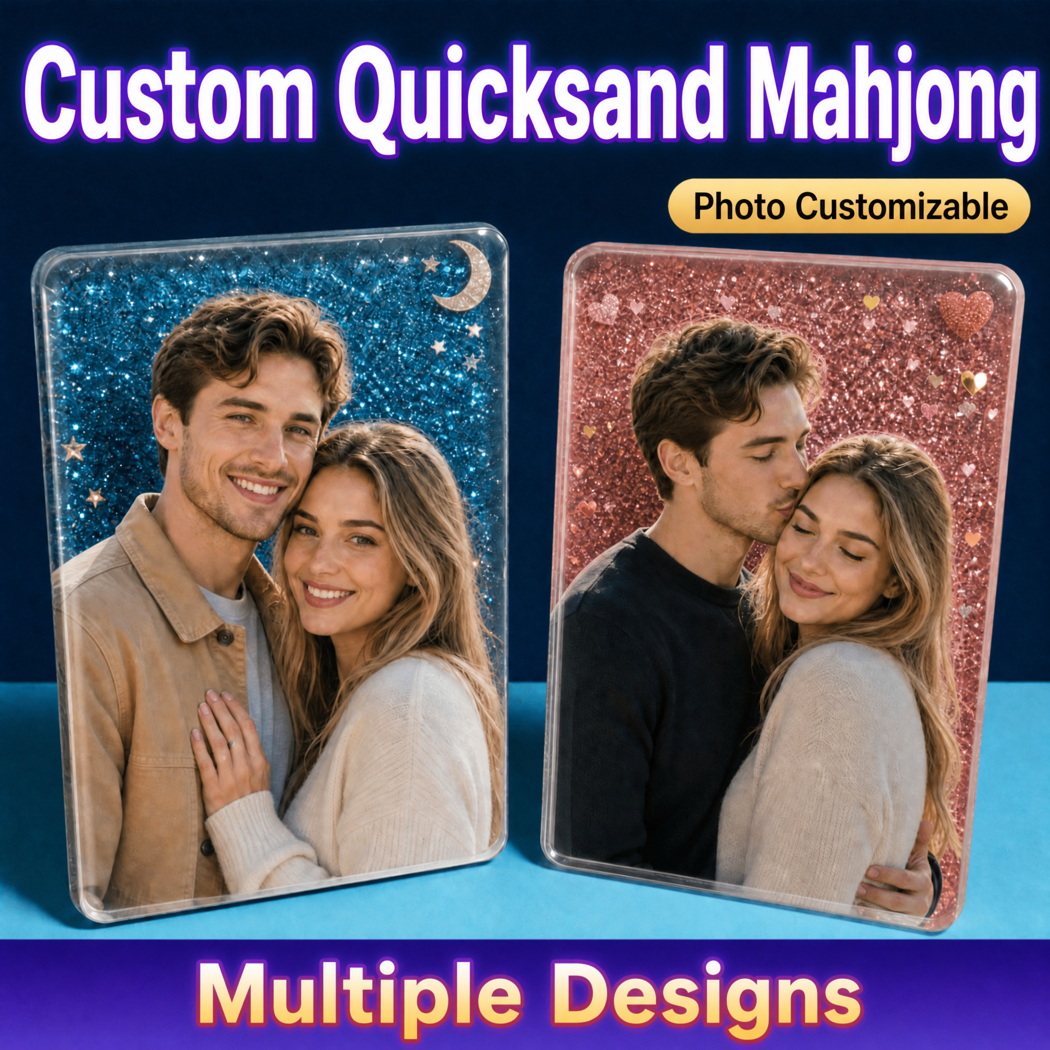 Custom Photo Quicksand Mahjong Personalized Liquid Glitter Shaker Frame Fridge Magnet & Desk Decor Gift