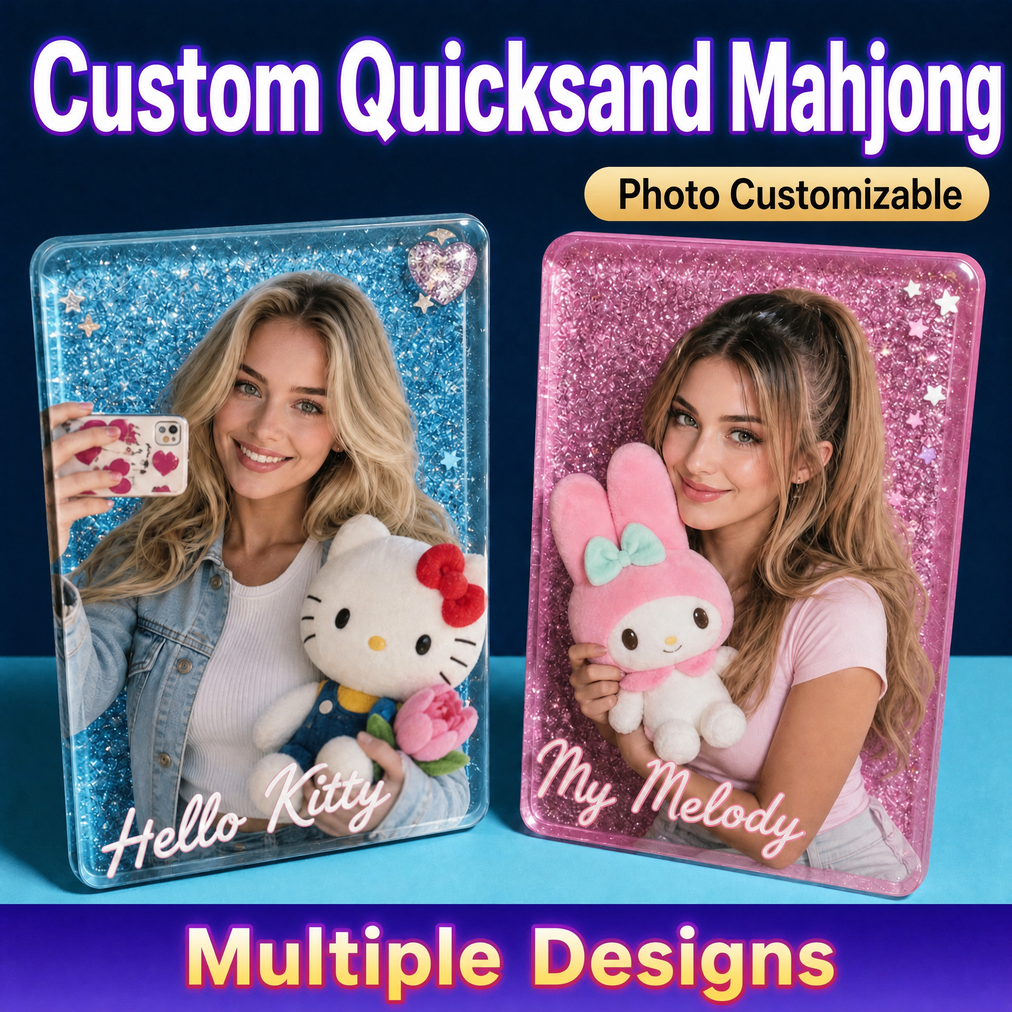Custom Photo Quicksand Mahjong Personalized Liquid Glitter Shaker Frame Fridge Magnet & Desk Decor Gift