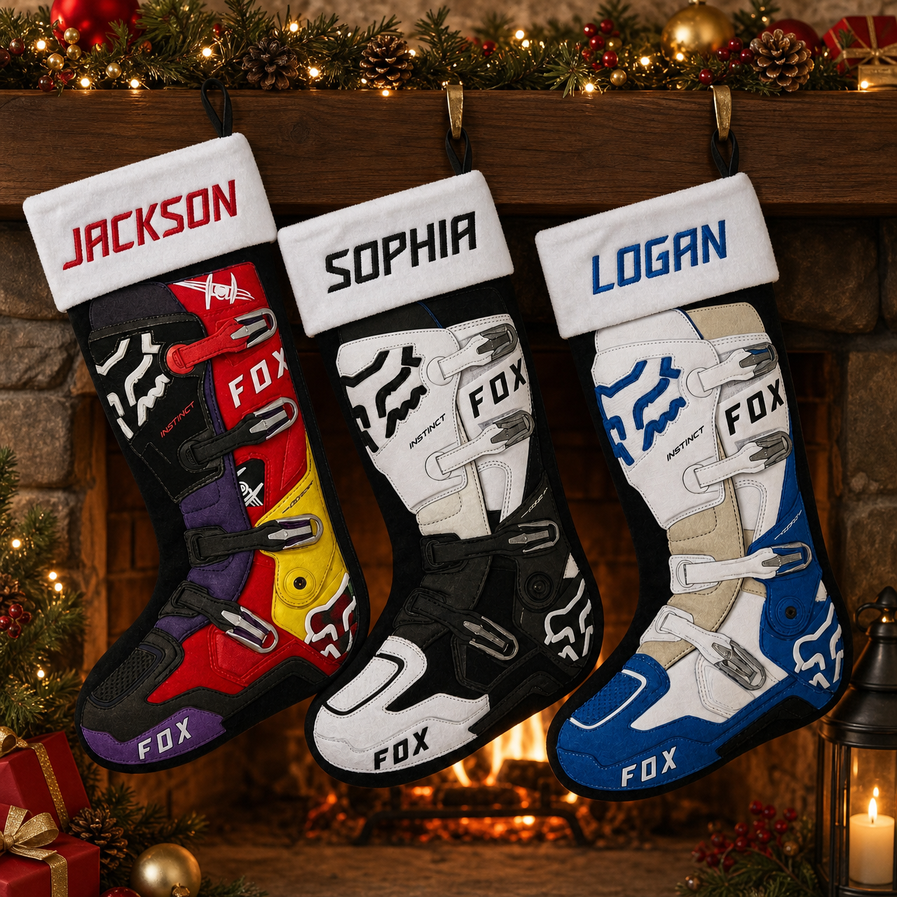 Personalized Fox Instinct Motocross Boot Christmas Stocking, Custom Name Dirt Bike MX Christmas Stocking for Motocross Riders
