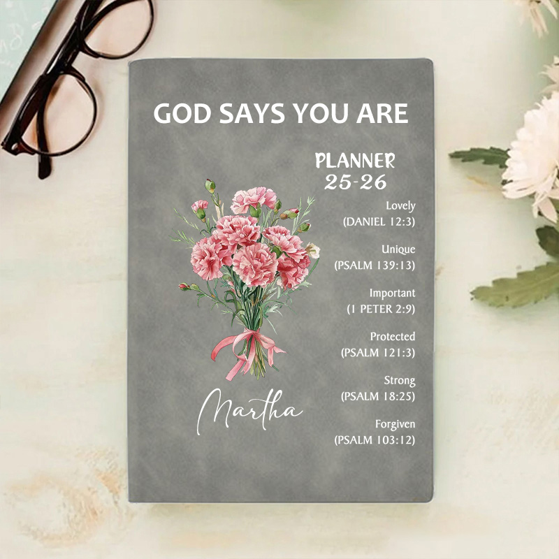 Personalized Flower Bouquet Bible Verse Planner 25-26 Leather A5 Notebook with Name Weekly Monthly Planning Birthday Religious Gift for Family Friends