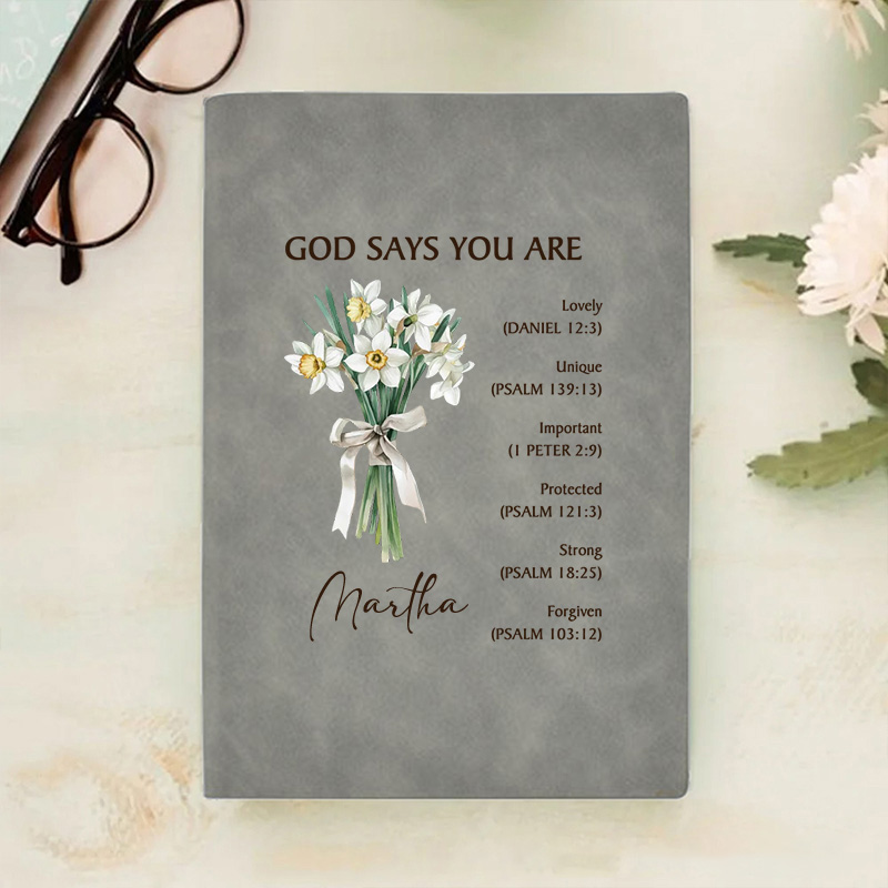 Personalized God Says You are Lovely Prayer Journal Leather A5 Notebook with Birth Flower Bouquet and Name Baptism Birthday Gift for Christians Women