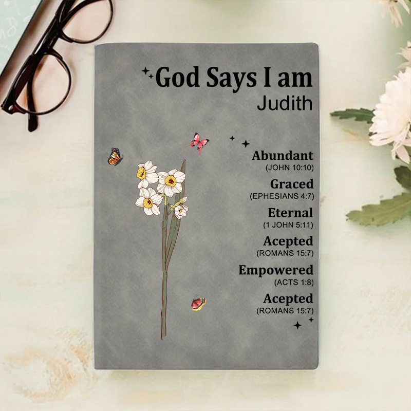 Personalized God Says I am Name Meaning on Bible Verse Prayer Journal Leather A5 Notebook with Name Baptism Thanksgiving Gift for Family Christians