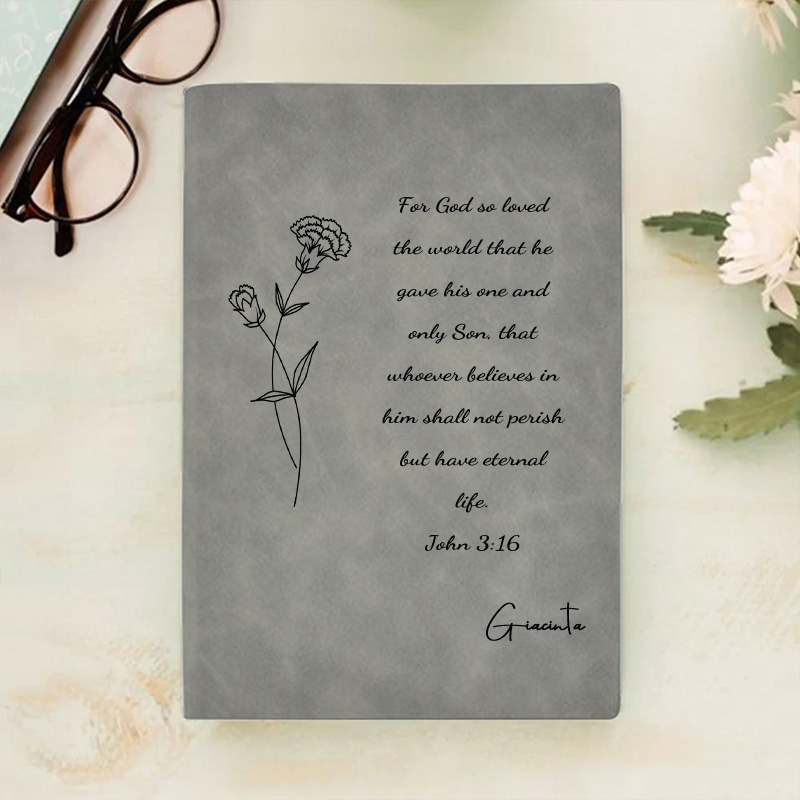 Personalized Birth Flower Bible Verse Prayer Journal Leather A5 Notebook with Name Church Study Birthday Baptism Religious Day Gift for Christians