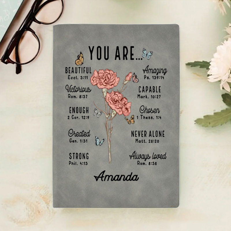 Personalized Birth Flower Bible Verse Prayer Journal Leather A5 Notebook with Name Baptism Birthday Gift for Women Christians